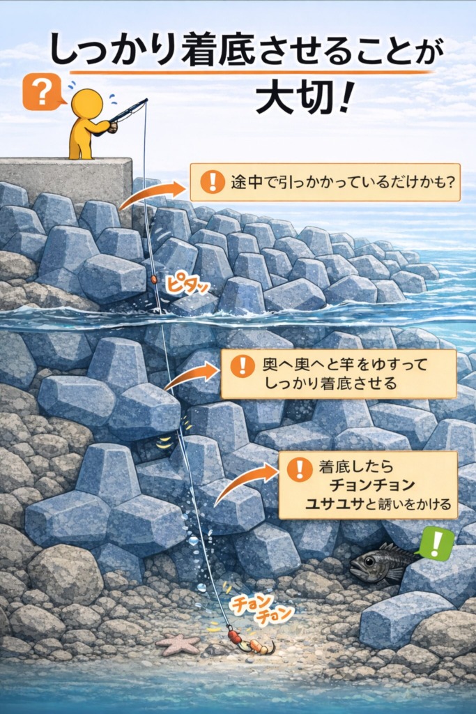 穴釣りのやり方を初心者向けにわかりやすく解説した図。