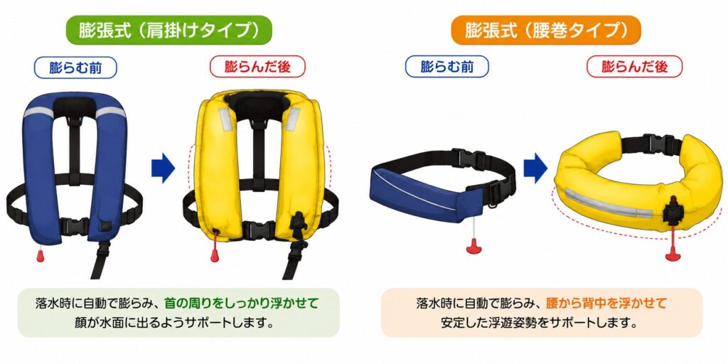 膨張式ライフジャケットの肩掛けタイプと腰巻きタイプが、落水時に膨らむ前後の違いを示した比較イラスト