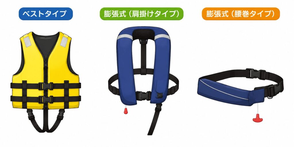 子供用におすすめのベストタイプと、大人向けの膨張式肩掛け・腰巻きライフジャケットを比較したイラスト