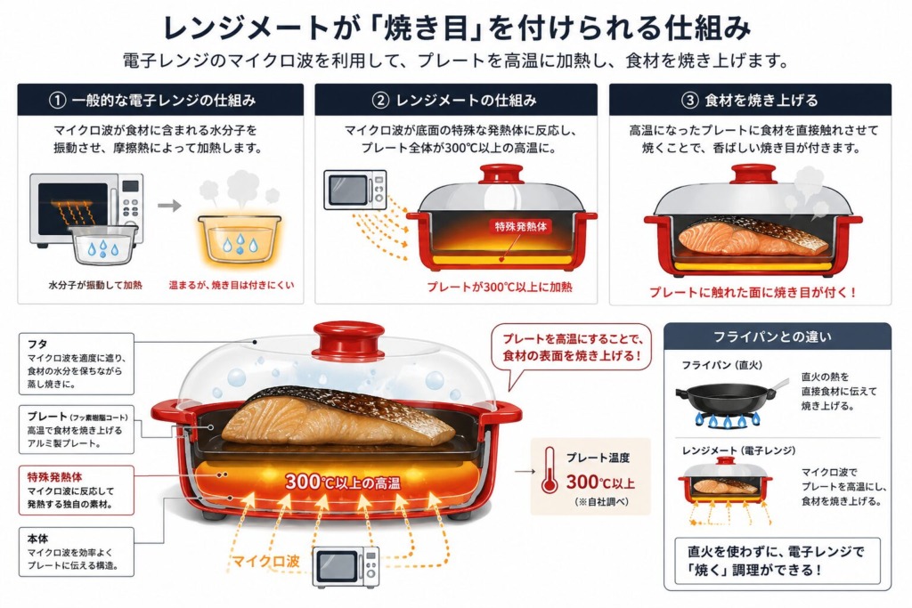 電子レンジのマイクロ波で特殊発熱体とプレートを300℃以上に加熱し、食材に焼き目を付けるレンジメートの仕組みを解説した図解画像