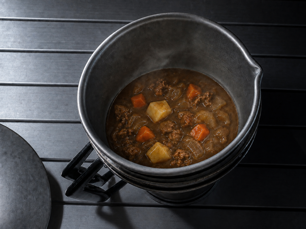 アルポットのアルミカップで牛肉・じゃがいも・にんじん入りカレーを調理した状態